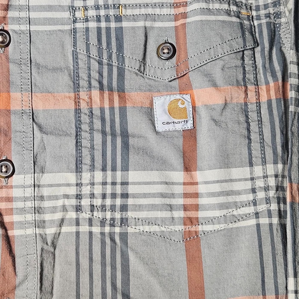 Carhartt Relaxed Fit Plaid Button Up Shirt Mens Small Gray Orange Long Sleeve